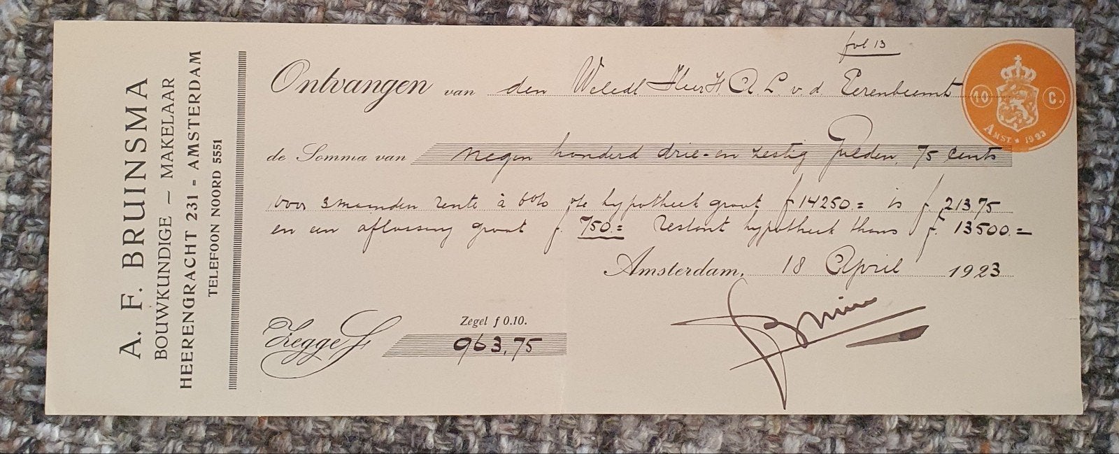 Historisch document: Ontvangstbewijs A.F. Bruinsma 1923, Ophalen of Verzenden, 1920 tot 1950, Overige typen