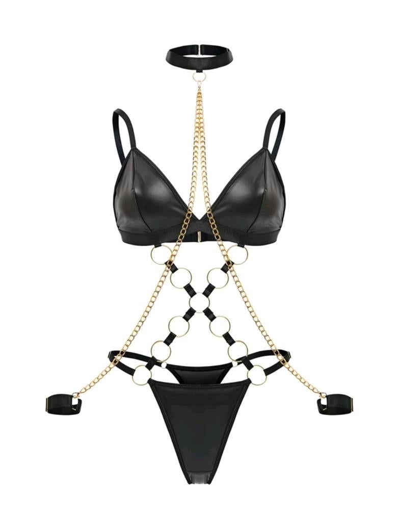 Zwarte PU bodysuit lingerie set maat m, Zwart, Onbekend, Ophalen of Verzenden, Onbekend