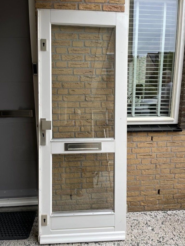 Voordeur hardhout dubbelglas + houten lamellen binnenkant, Doe-het-zelf en Verbouw, Deuren en Horren, Ophalen, Gebruikt, 80 tot 100 cm