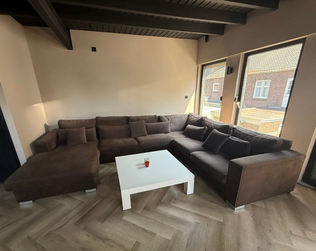 GRATIS afhalen: Grote Loungebank - Bruin Stof +extra kussens, Ophalen, Gebruikt, Loungebank, Hoekbank