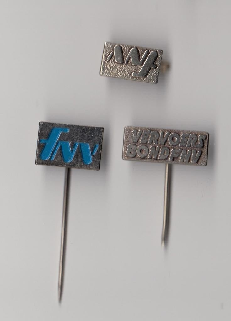 FNV Vakbond Vervoersbond speldjes, Gebruikt, Niet vindbaar, Niet vindbaar, Speldje of Pin