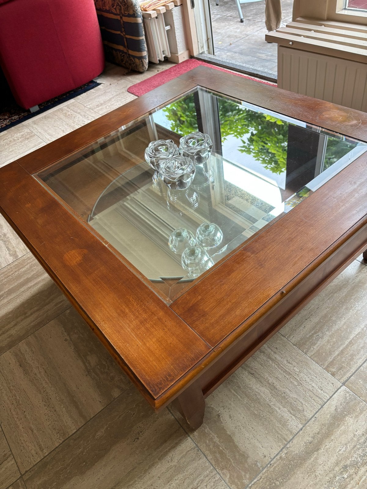Vierkante kersenhouten salontafel met glasplaat, Ophalen, Gebruikt, Vierkant, 50 tot 100 cm
