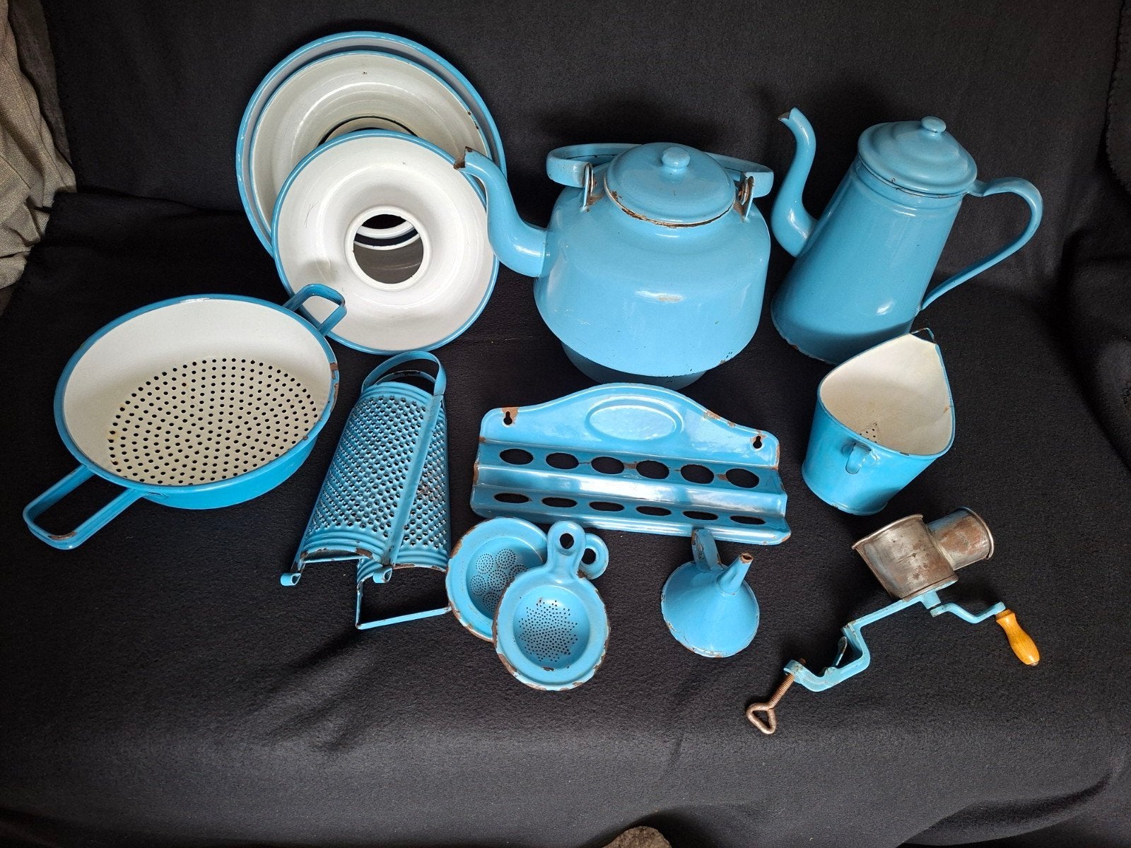 Vintage geëmailleerde keukenset - lichtblauw, deens, Antiek en Kunst, Ophalen of Verzenden