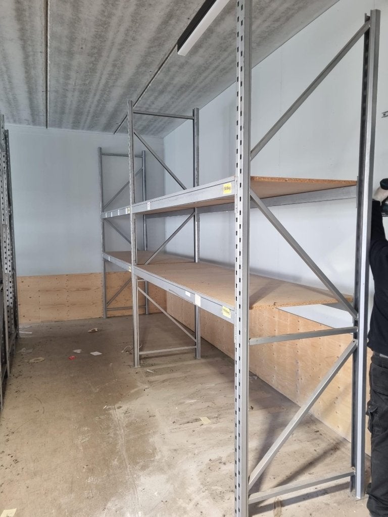 2 secties magazijn stelling met houten legborden, Ophalen, Gebruikt