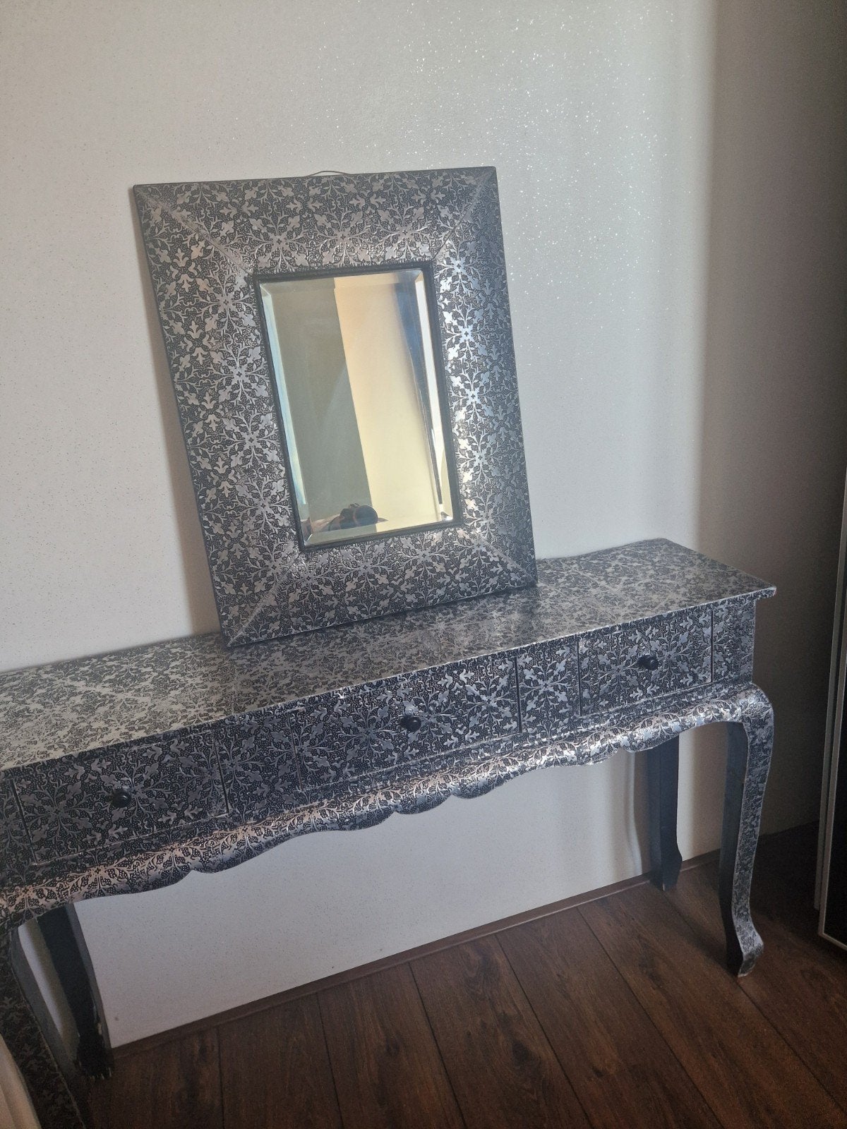 Zilverkleurige Console Tafel met Spiegel - Barok Stijl, Gebruikt, 100 tot 150 cm, Ophalen of Verzenden, 100 tot 125 cm
