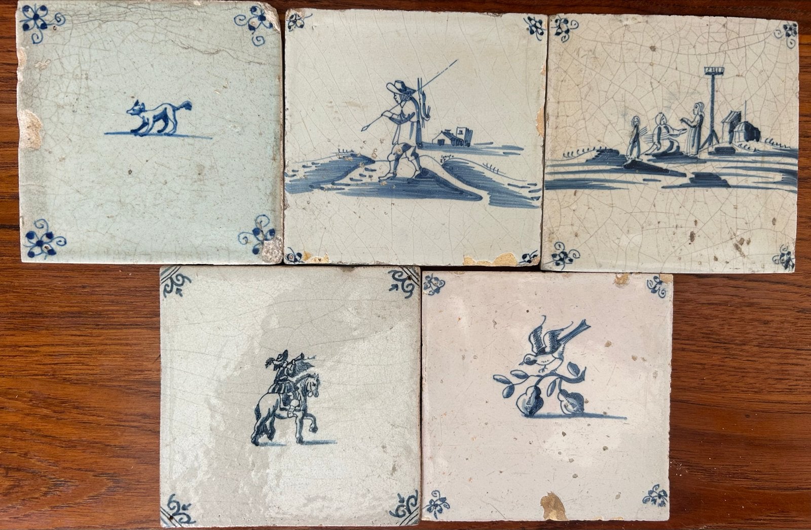 Set van 5 antieke 17e-eeuwse Delfts blauwe tegeltjes, Ophalen of Verzenden
