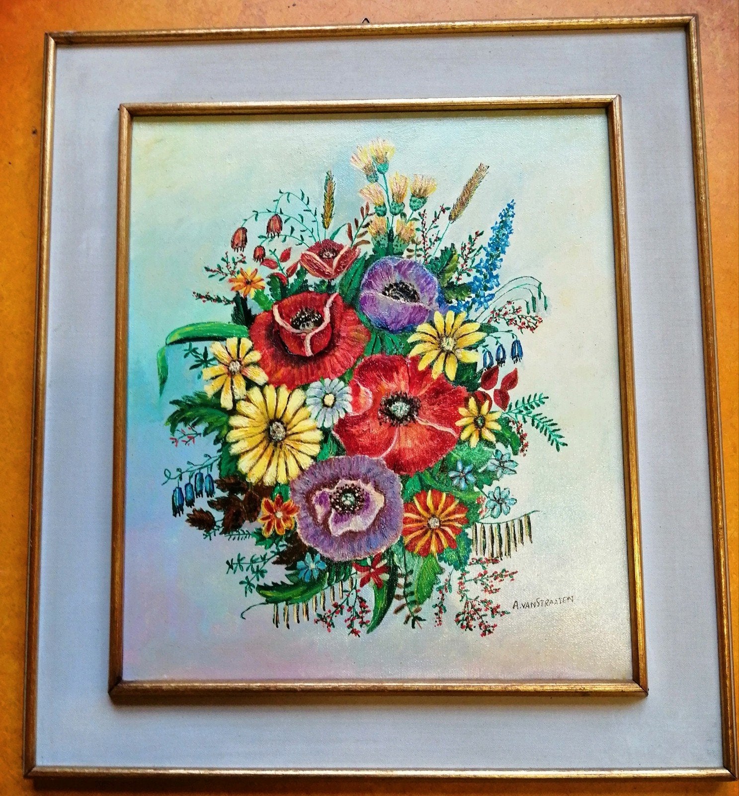 Vintage olieverf schilderij A. van Straaten - Bloemen, Antiek en Kunst, Bloemen, Doek, Ophalen of Verzenden, Olieverf