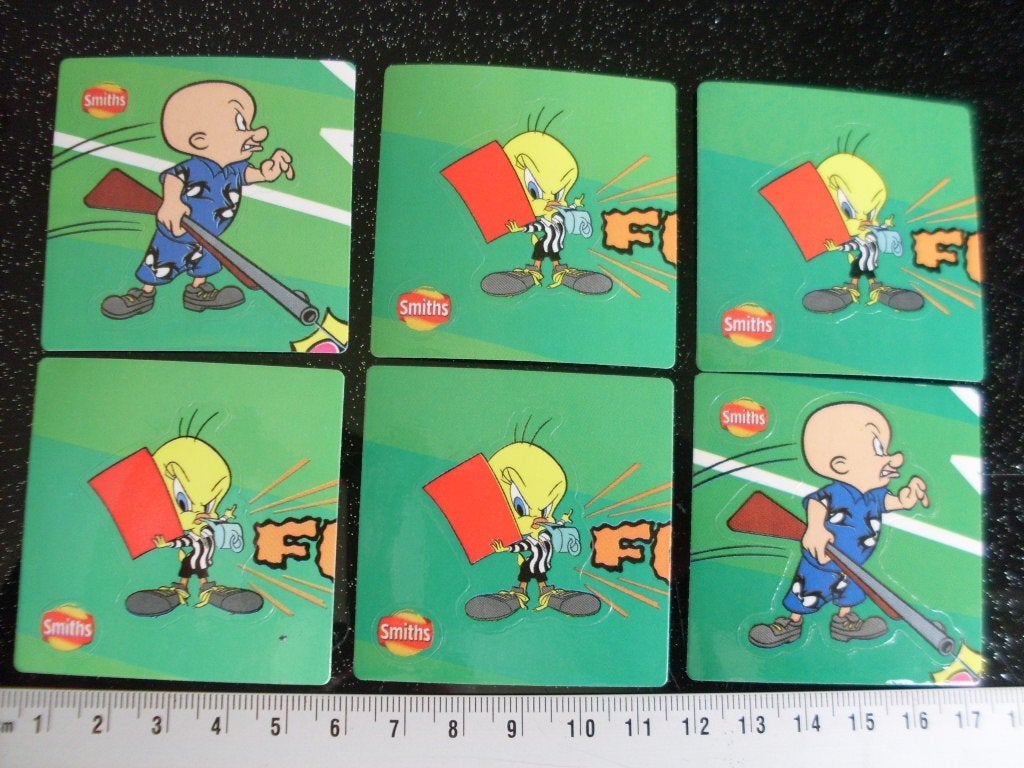 6x sticker Smiths looney tunes cup 1998 tweety elmer fudd, Ophalen of Verzenden, Zo goed als nieuw, Strip of Tekenfilm