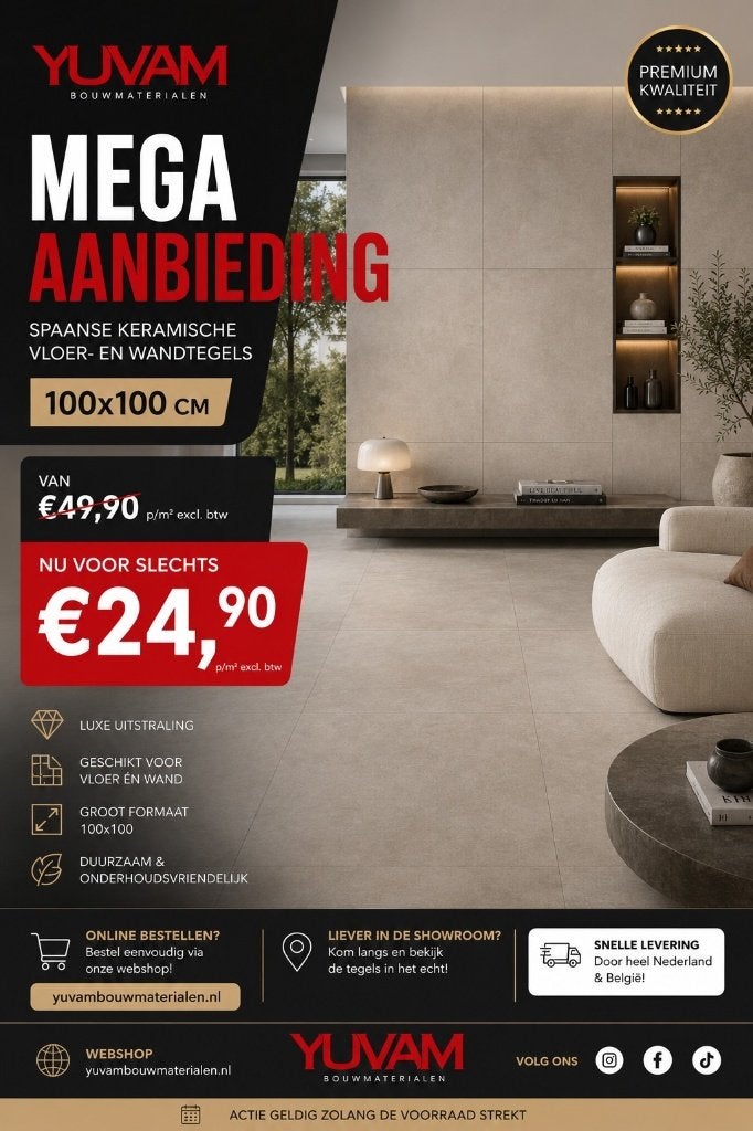Spaanse Keramische Vloer- en Wandtegels 100x100 - €24,90, 60 cm of meer, Nieuw, 10 m² of meer, Wandtegels