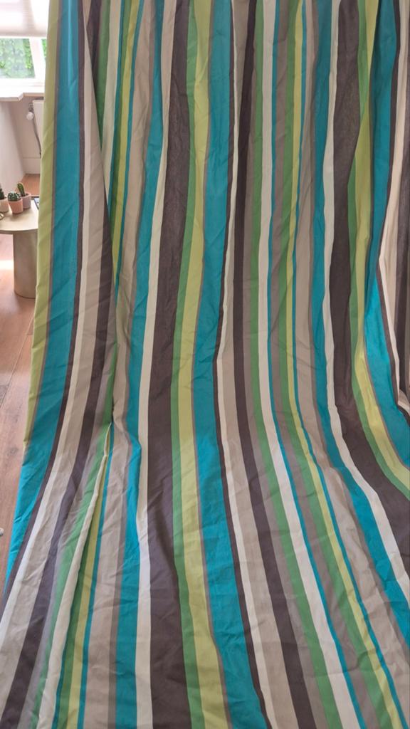 Gestreepte gordijnen in groen, blauw en grijs, Huis en Inrichting, Ophalen, Gebruikt, 100 tot 150 cm, Modern, Gestreept