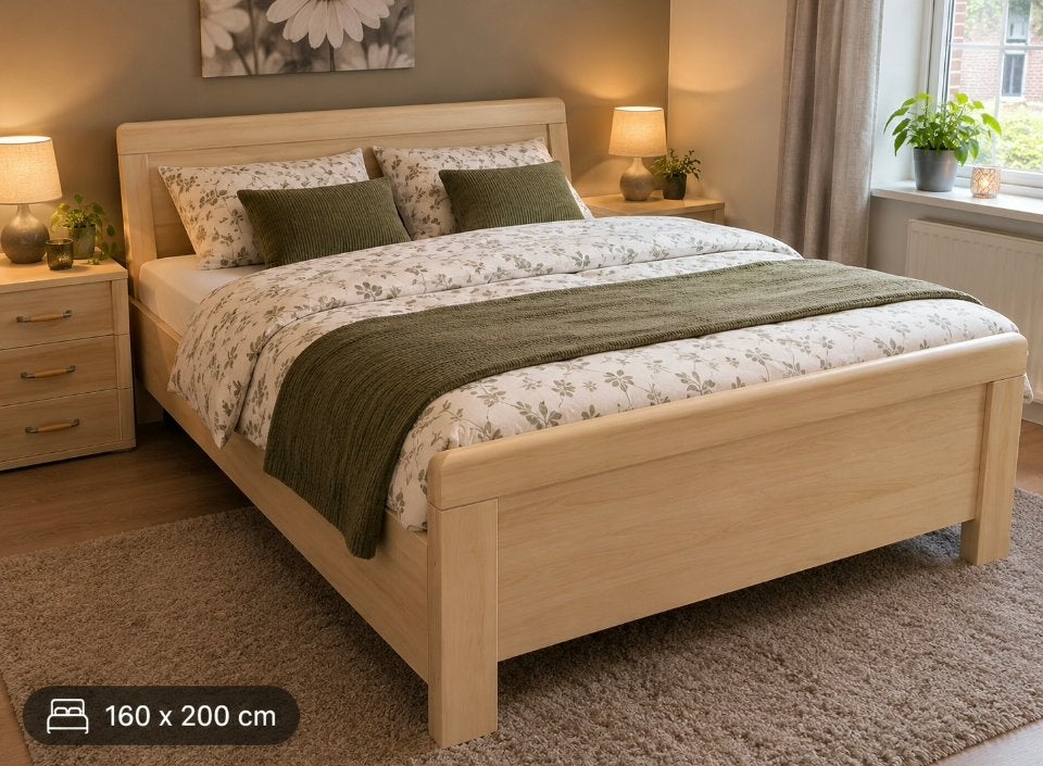 Tweepersoonsbed beukenhout 160x200 met nachtkastjes, Ophalen, Gebruikt, Beige, Tweepersoons