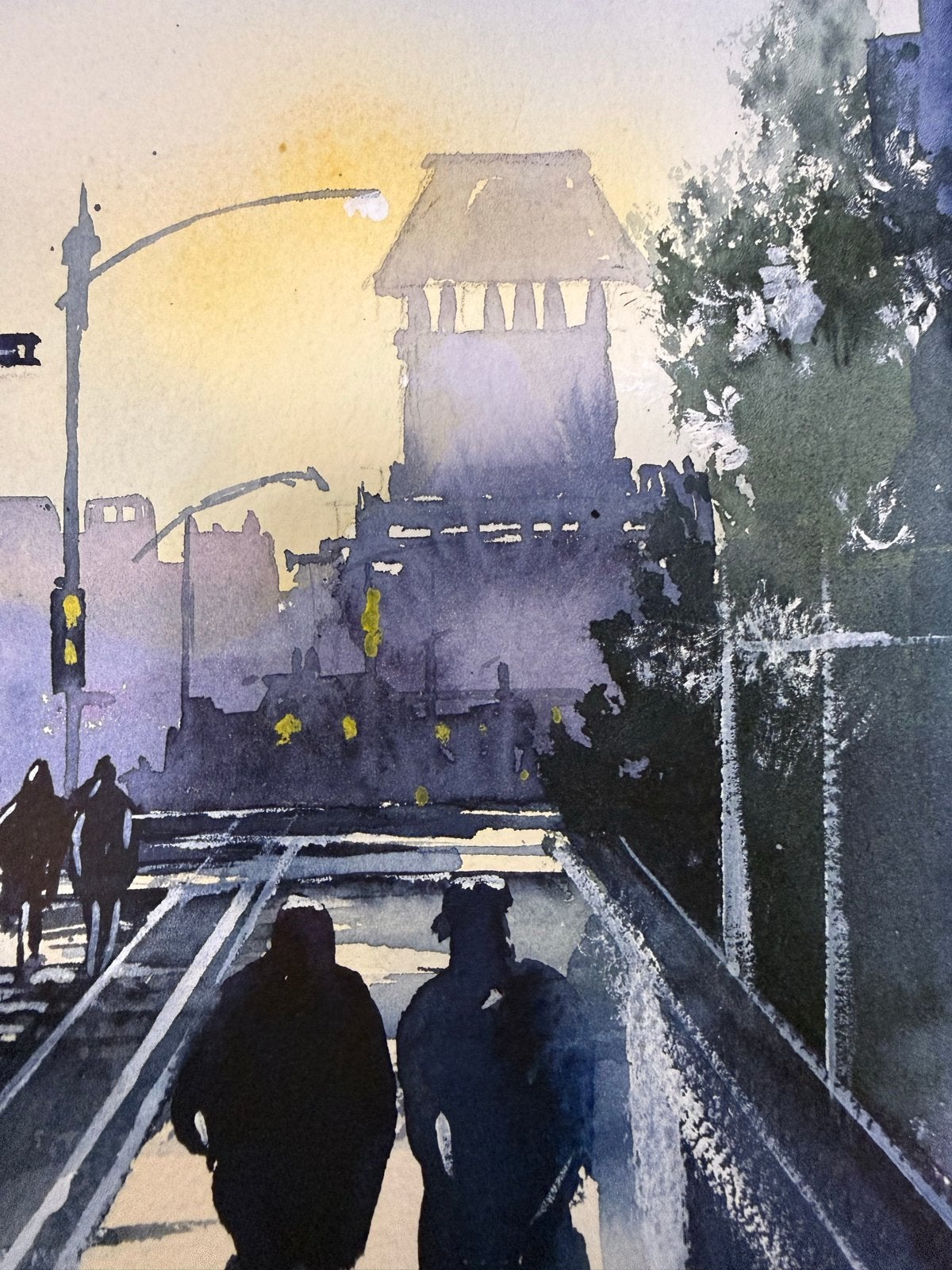 Sfeervol Aquarel Stadsgezicht met Licht- en Waterreflecties, Ophalen of Verzenden, Schilderij, Aquarel, Handgemaakt