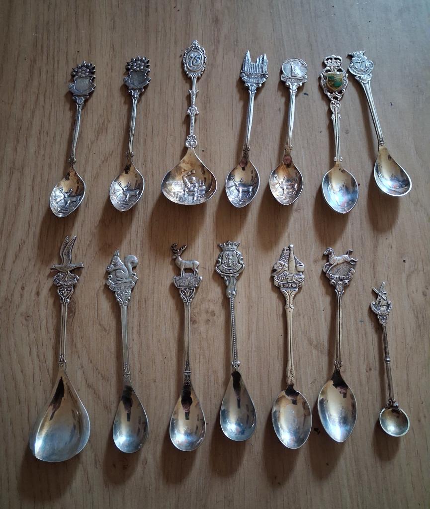 15x Verzilverd Souvenir Lepeltjes + Lepeldoos | Vintage, Antiek en Kunst, Ophalen, Zilver