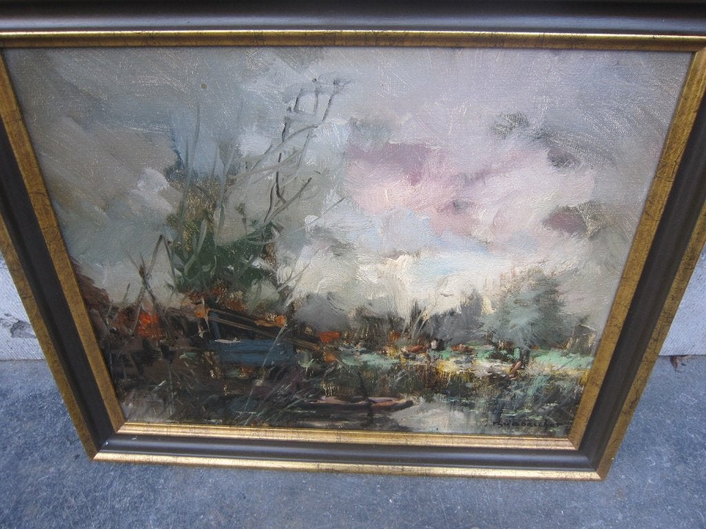 Theo van oorschot, Mooi Impress. Landschap met Roeiboot, Antiek en Kunst, Ophalen, Landschap