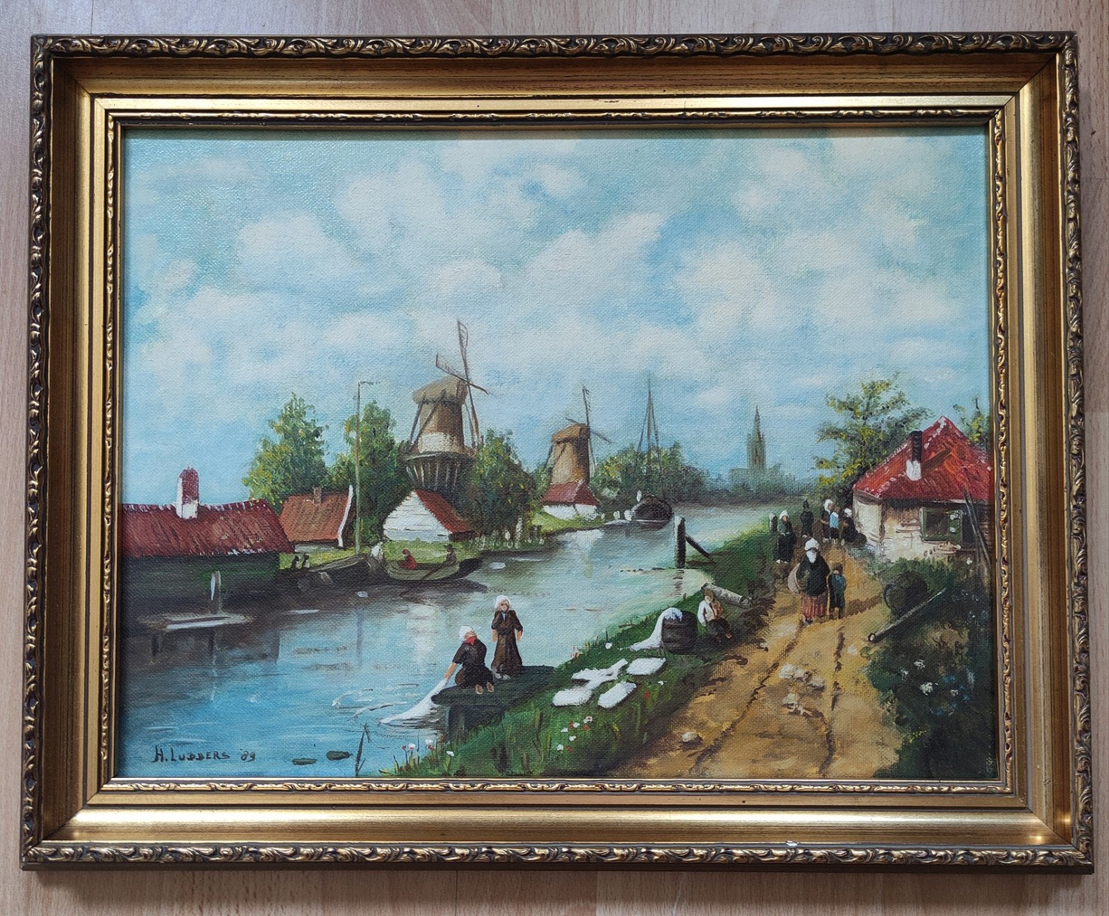 H. Lubbers olieverf gesigneerd.Kleurrijk.Hollands tafereel., Ophalen of Verzenden