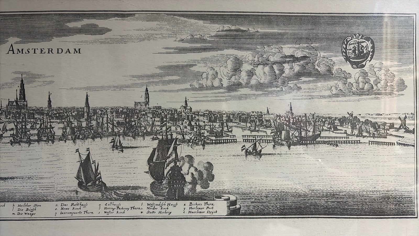 Antieke Ets van Amsterdam - Stadsgezicht met Schepen, Antiek en Kunst, Kunst | Etsen en Gravures, Ophalen, Stadsgezicht, 1600 - 1699