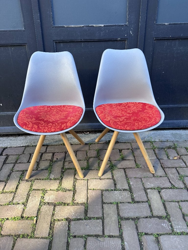 Eigenzinnige designstoelen wit kunststof & rood barokdessin, Twee, Zo goed als nieuw, Rood, Ophalen