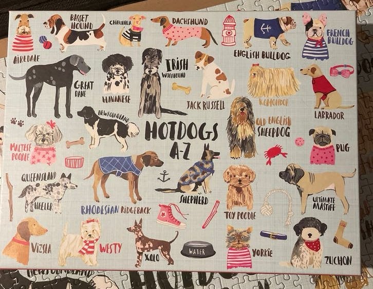 Puzzel 'Hotdogs A-Z' - Hondenrassen, Ophalen of Verzenden, 500 t/m 1500 stukjes, Zo goed als nieuw, Legpuzzel