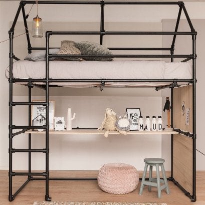 Zwarte hoogslaper van steigerbuizen met bureau, Ophalen, Gebruikt, Eenpersoons, 200 cm