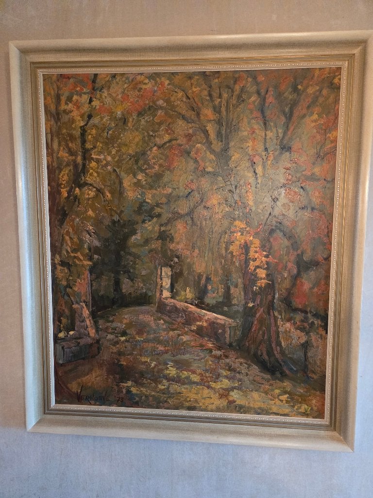 Groot olieverf schilderij Verhoeve 1973 – 130 x 113 cm, Antiek en Kunst, Ophalen