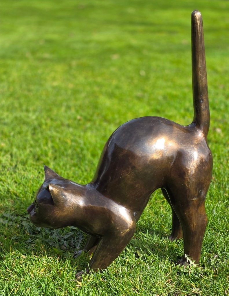 GROTE POES DIE SCHRIKT / KAT / BRONZEN TUINBEELD, Dierenbeeld, Nieuw, Info@huisentuindecoratiemarie.nl, Huis en tuin decoratie marie