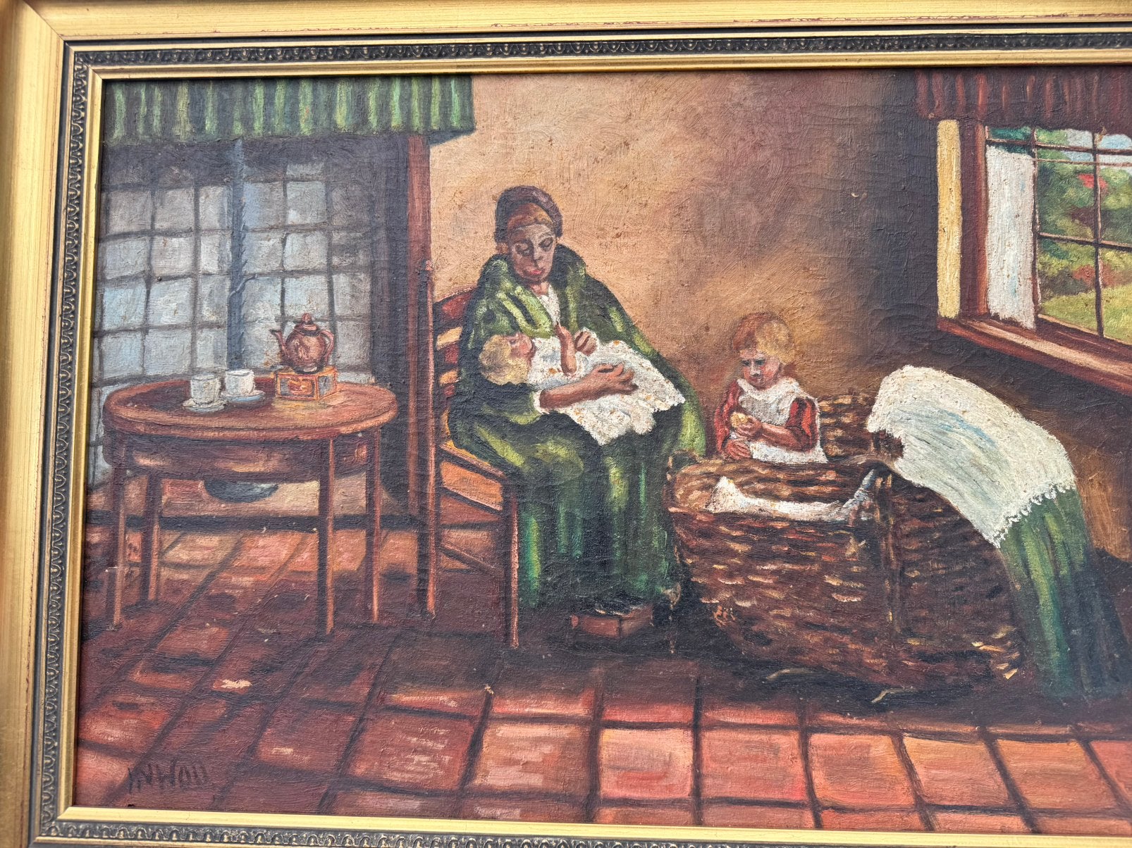 Olieverfschilderij met vergulde antieken lijst, Ophalen of Verzenden