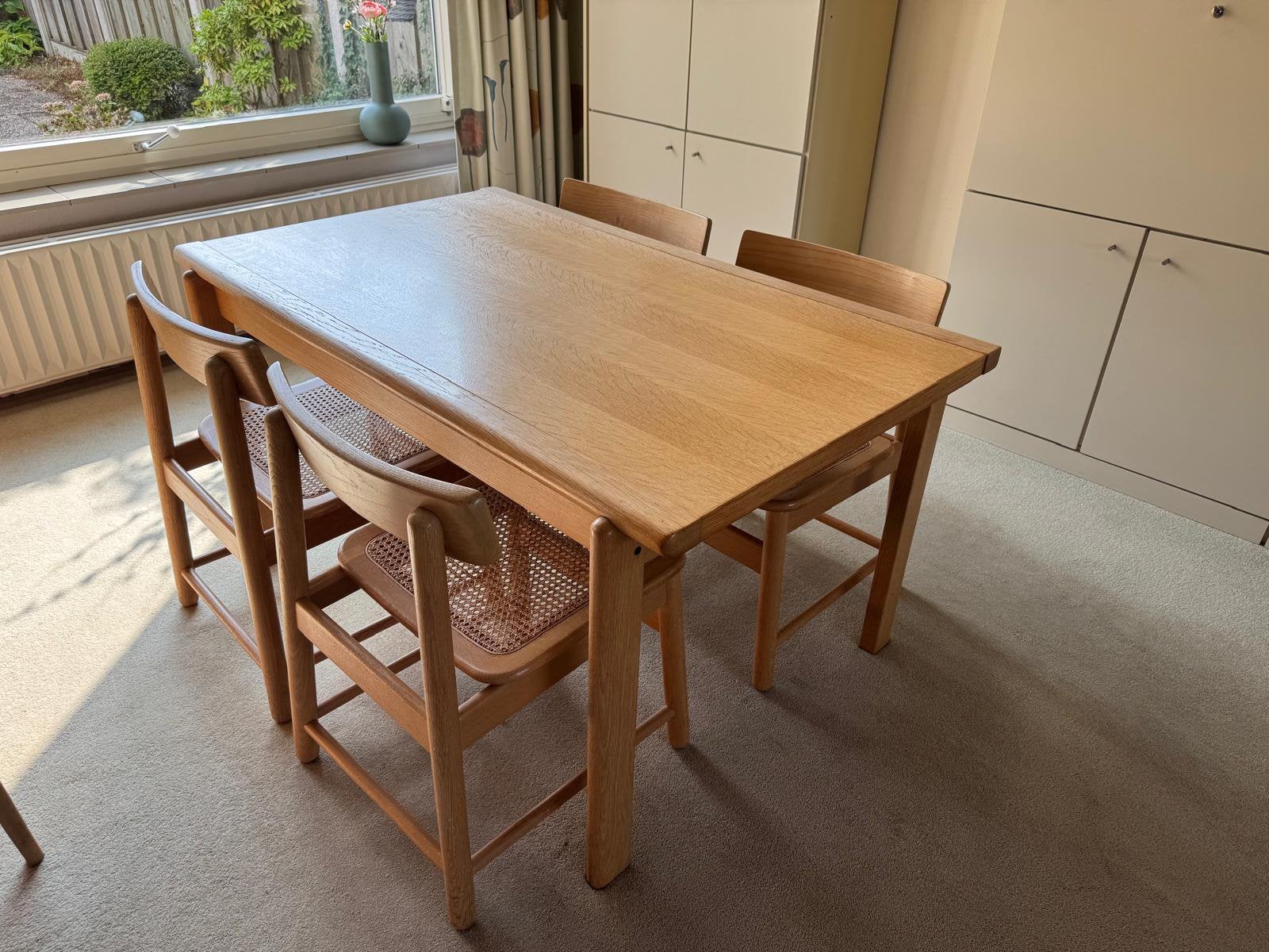 Prachtige blank eiken eethoek met 4 stoelen, Ophalen, 100 tot 150 cm, 50 tot 100 cm, Zo goed als nieuw