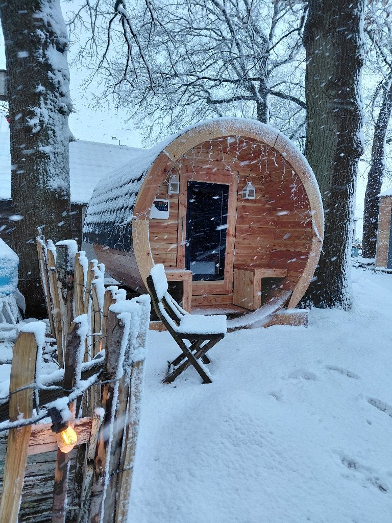Barrelsauna XXL | Lig Sauna | tiny house |  Ø216 x 282cm., Ophalen, Zo goed als nieuw, Fins of Traditioneel, Complete sauna