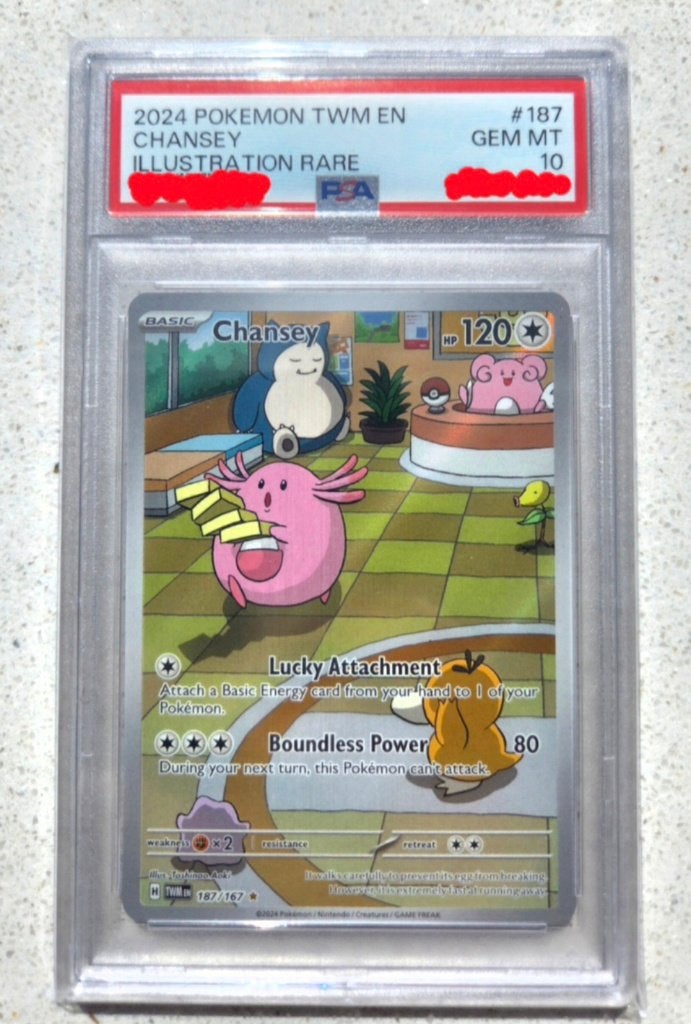 Chansey 187 PSA 10 Illustration Rare Twilight Masquerade, Ophalen of Verzenden, Zo goed als nieuw, Losse kaart