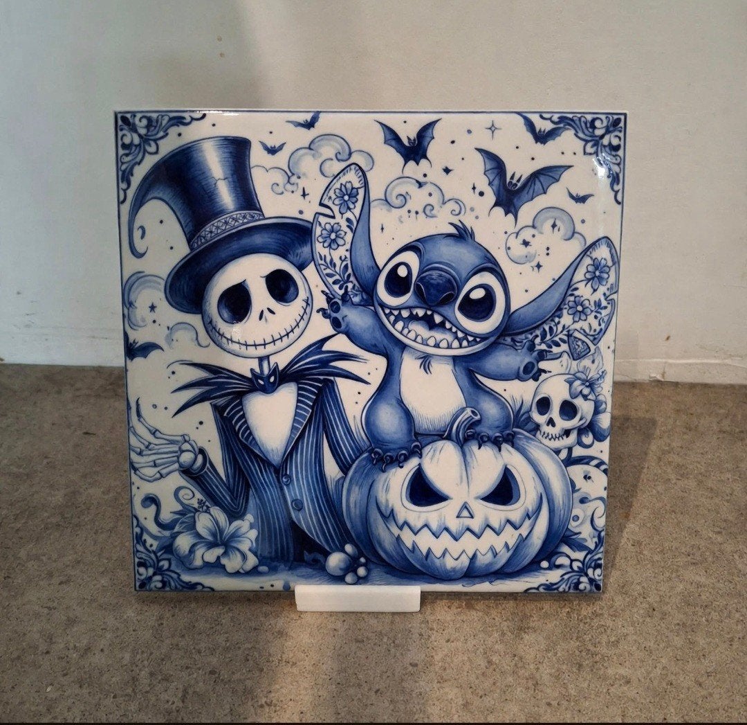 Keramische decoratie tegel 15x15 - Jack Skellington & Stitch, Antiek en Kunst, Verzenden