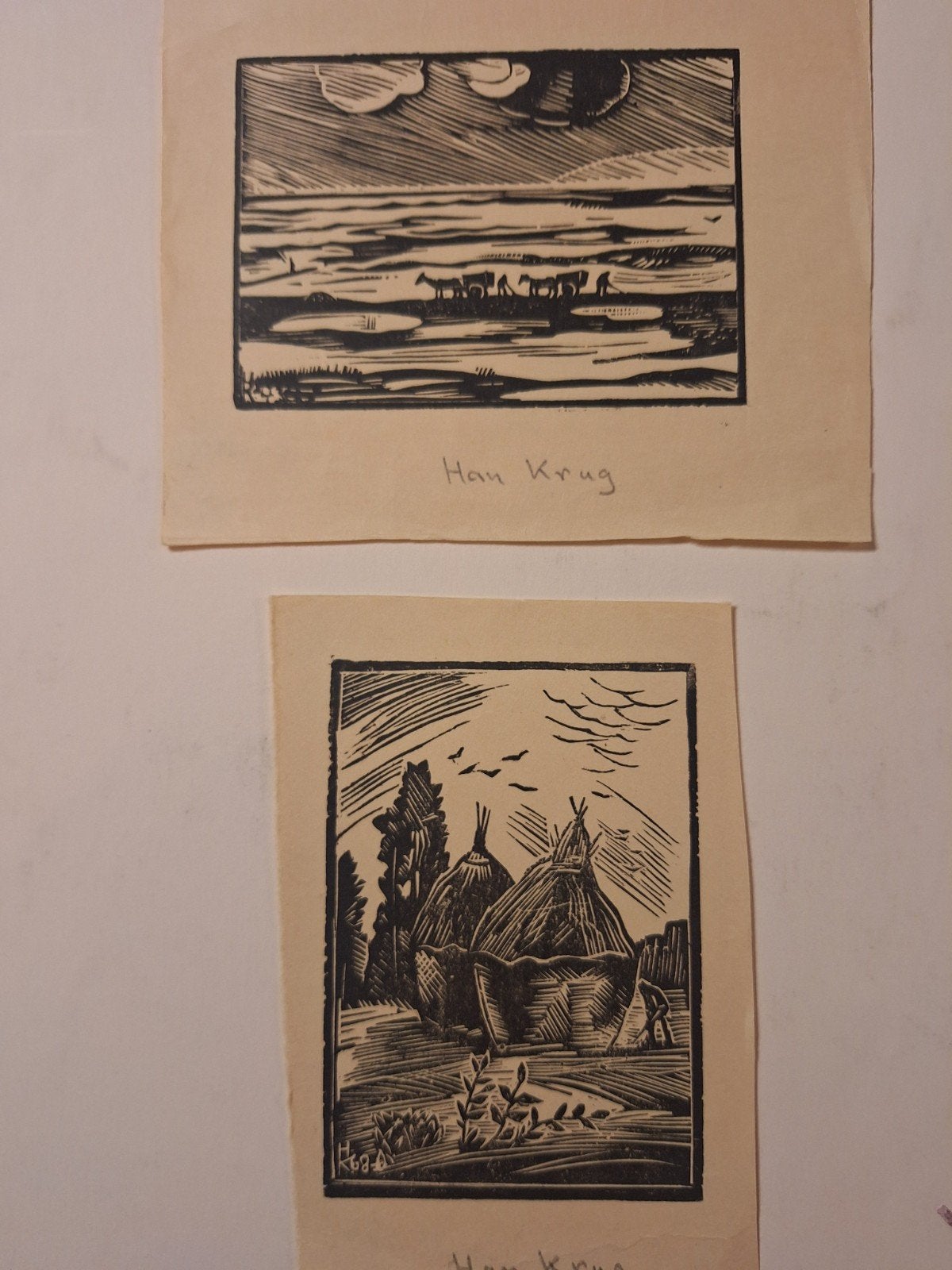 2 Houtsneden door Han Krug - Landschap en Hooibergen, Ophalen of Verzenden, Gesigneerd, Houtsnede, Landschap