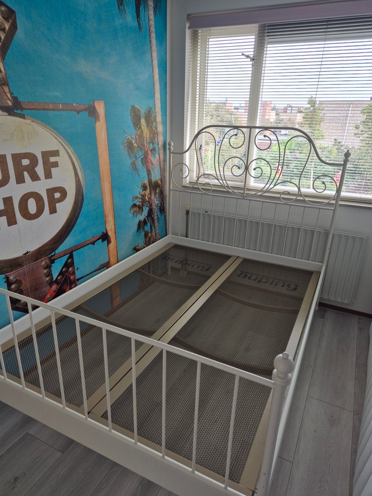 IKEA LEIRVIK bedframe wit met Auping lattenbodems, Ophalen, Gebruikt, Wit, Tweepersoons