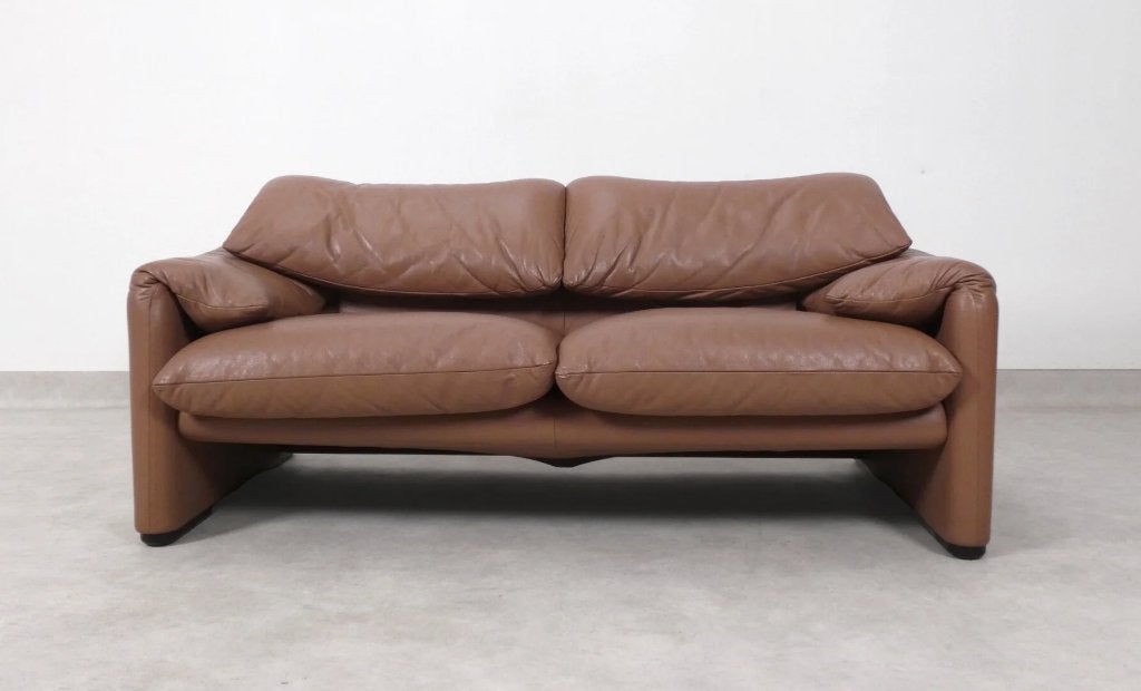 Cassina Maralunga 2 seater in mocca leather, Gebruikt, 150 tot 200 cm, Tweepersoons, 75 tot 100 cm