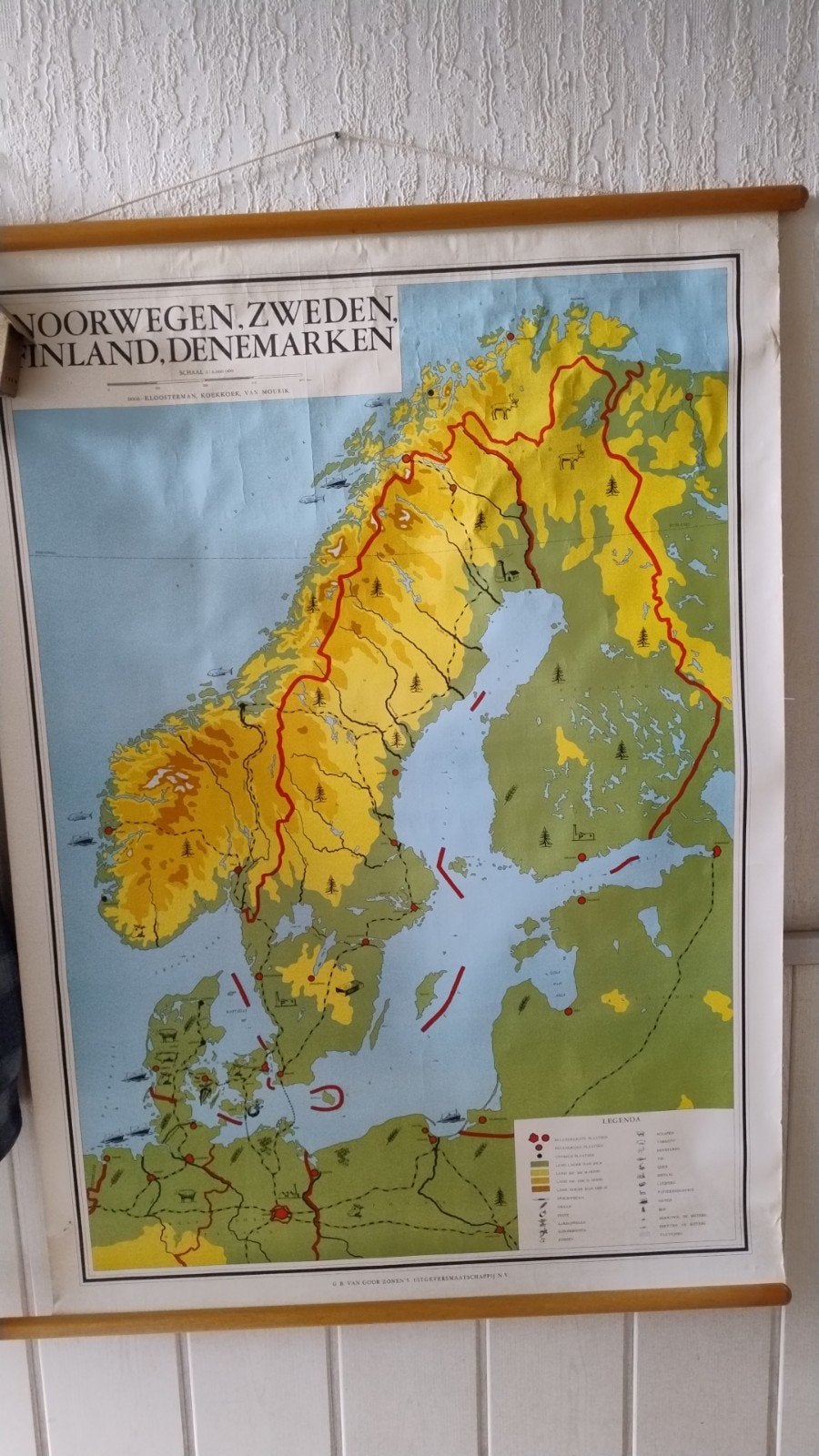 Vintage wandkaart Noorwegen, Zweden, Finland, Denemarken, Gelezen, Landkaart, 1800 tot 2000, G.W. van Doorn's Uitgeversmaatschappij N.V.