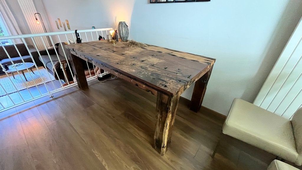 Unieke Robuuste Scheepshouten Eettafel 6-persoons, Ophalen, Gebruikt, Robuust, Landelijk, Maritiem, 200 cm of meer