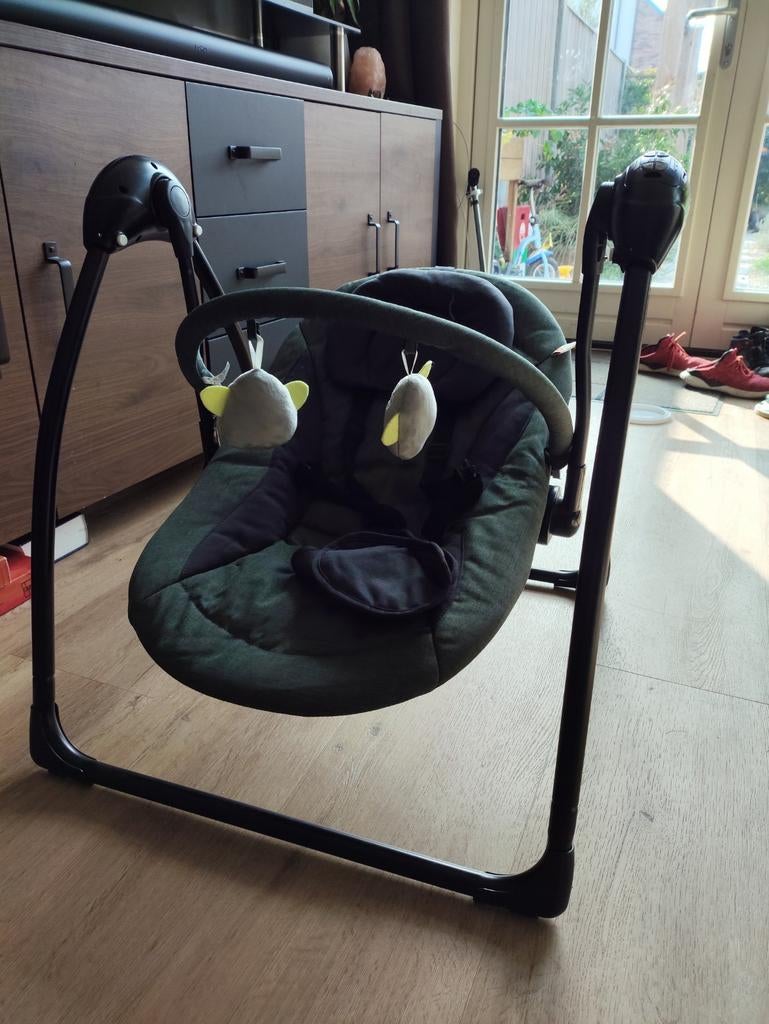 Qute Q-Swing Zwart Frame Jeans Groen/Antra Baby Schommel, Ophalen of Verzenden, Zo goed als nieuw
