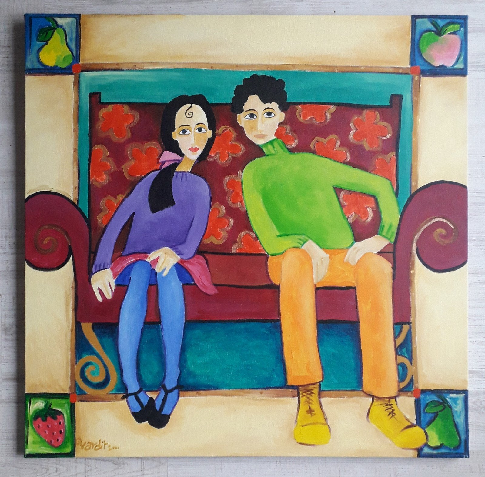 MEISJE EN JONGEN ZITTEN OP SOFA>ODE AAN FREEK VAN DEN BERG, Doek, Portret of Personen, Expressionistisch, Gedateerd