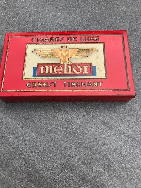 Sigarendoos in blik - Melior-cigares de luxe Ernest Tinchant, Verzamelen, Ophalen of Verzenden, Sigarenbandjes