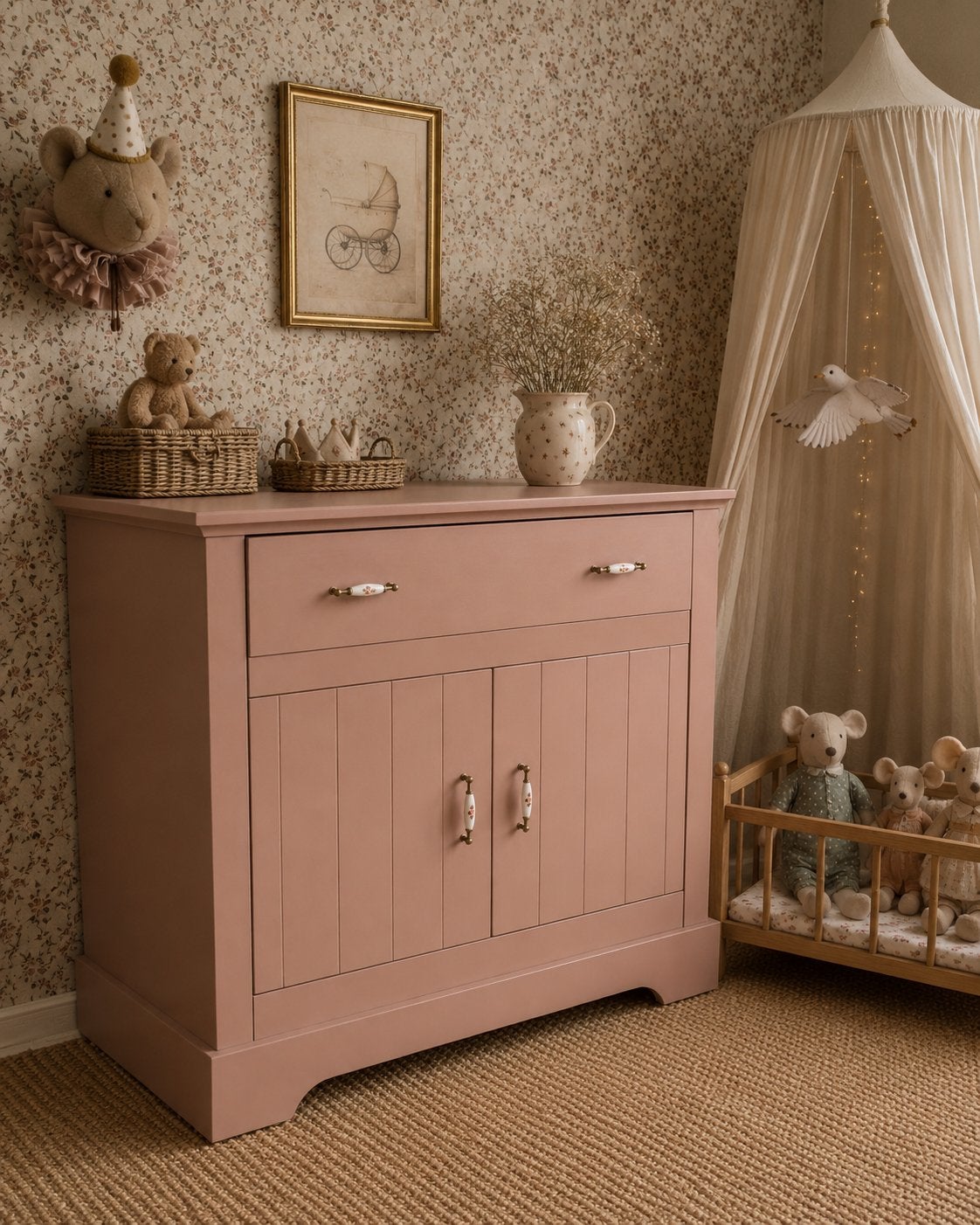 Brocante commode in Teddy Pink - gerestyled, Ophalen, 50 tot 70 cm, 105 cm of meer, 100 cm of meer