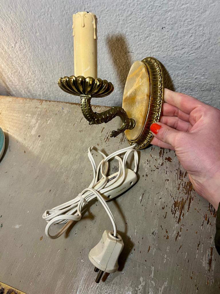 Antiek vintage messing marmer wandlampje lampje kroonluchter, Ophalen of Verzenden