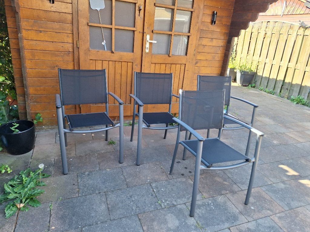 4 tuinstoelen te koop, Ophalen, Gebruikt, Textileen, Stapelbaar