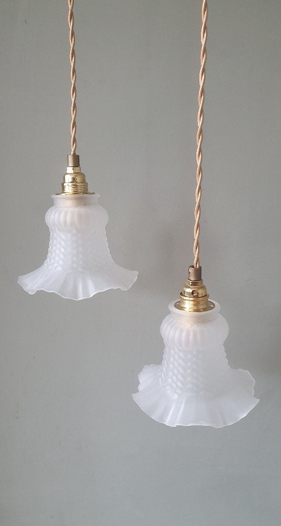 Set Vintage Antieke Frosted Glazen hanglampjes., Ophalen of Verzenden