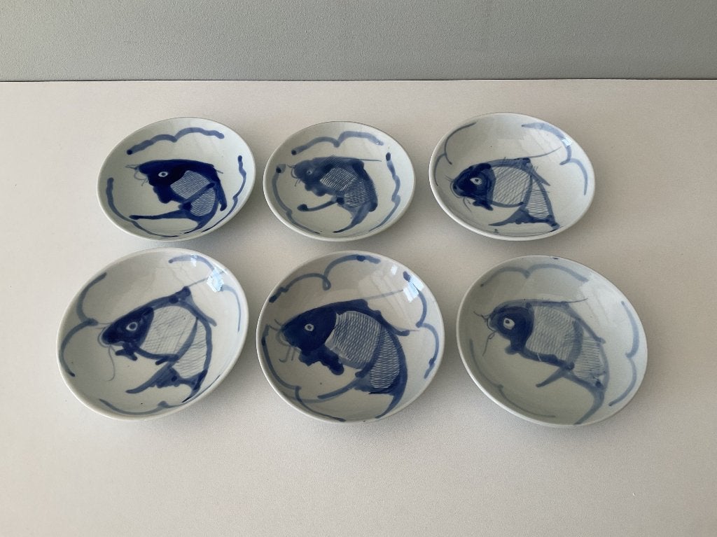 Chinese schaaltjes (6), koi karper, wit en blauw, vintage, Ophalen of Verzenden
