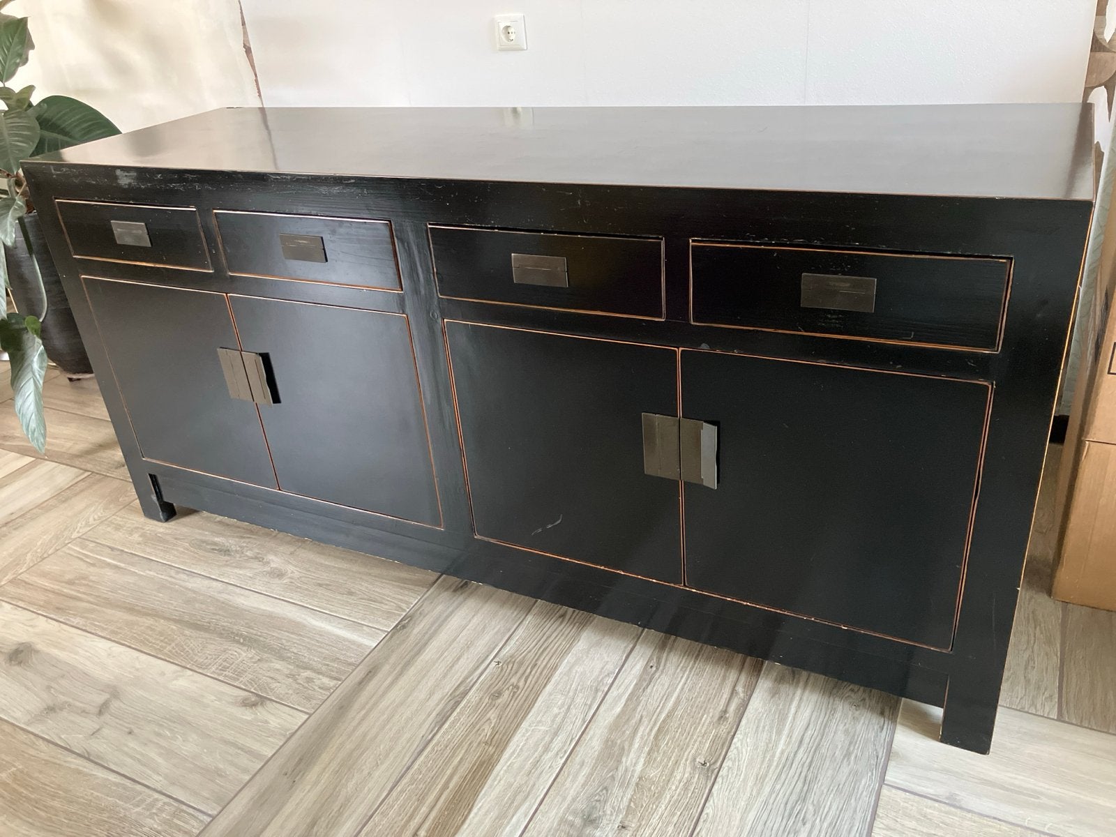 Zwart hoogglans dressoir met lades en deuren, Huis en Inrichting, Ophalen, Gebruikt, 150 tot 200 cm, Met lade(s)