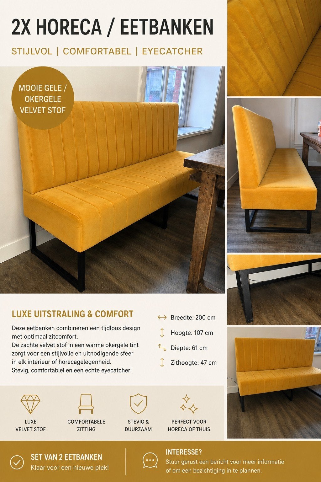 Gele eetkamerbank/horecabank - zo goed als nieuw, 150 tot 200 cm, Driepersoons, 75 tot 100 cm, Ophalen of Verzenden