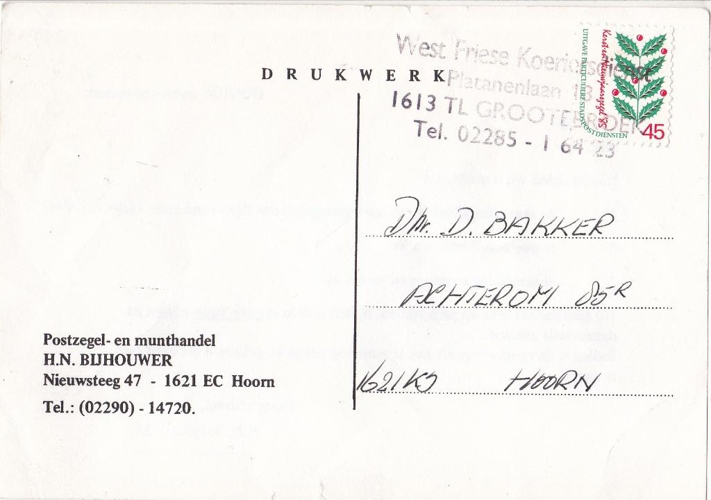 West Friese Koeriersdienst – Grootebroek 02285 – Kerst '85, Verzenden, Briefkaart