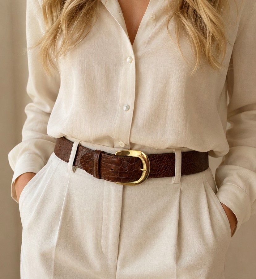 Vintage GU.MA Leren Riem – Croco-reliëf & Goud, Minder dan 80 cm, Echt leder, Ophalen of Verzenden, Zo goed als nieuw