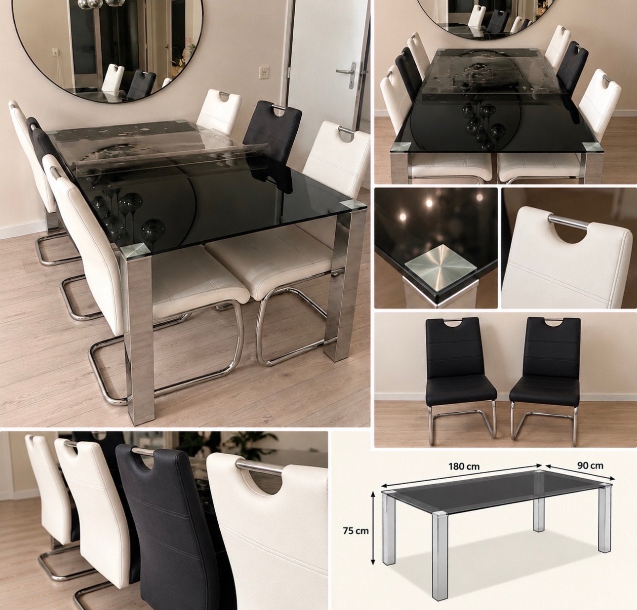 Elegante Eettafel met 6 Stoelen - Zwart Glas & Chroom, Ophalen, Gebruikt, 50 tot 100 cm, Glas