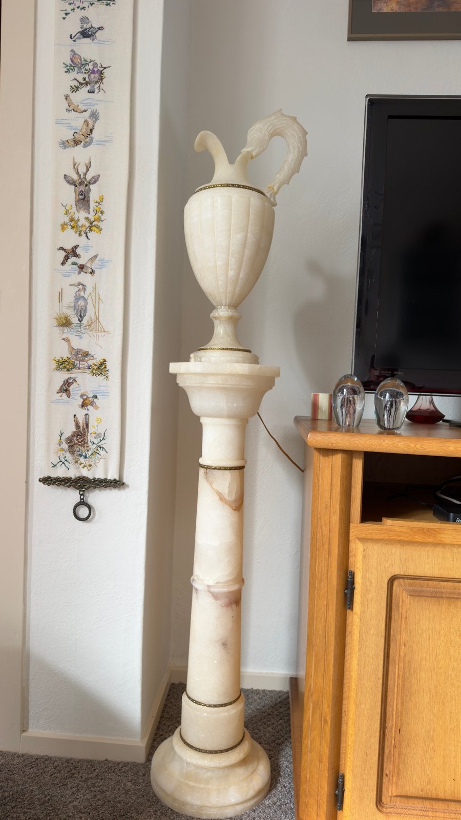 Onyx/Alabaster Urnlamp met Marmeren Zuil - 1.45m Hoog, Antiek en Kunst, Ophalen
