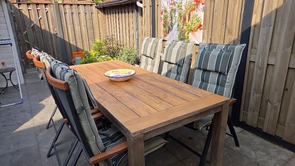 Teakhouten tuintafel  met stoelen, Tuin en Terras, Ophalen, Gebruikt, 6 zitplaatsen, Teakhout
